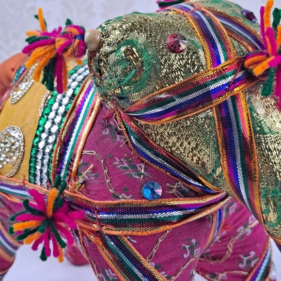 Pair of Fabric Elephants Free Standing Pink Orange Gold Sequins  Beads Tassels - Picture 14 of 15